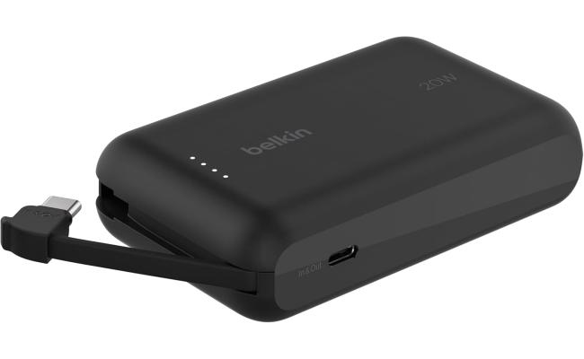 Belkin BoostCharge power bank 10000mAh, portable power bank with integrated cable PD 20W, fast charge USB-C power delivery, power bank fast charging for iPhone 16 series, iPad Pro, Galaxy S24 and more - Black